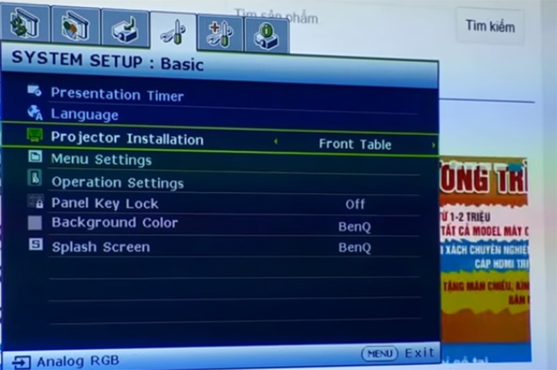 Menu điều chỉnh của máy chiếu BenQ