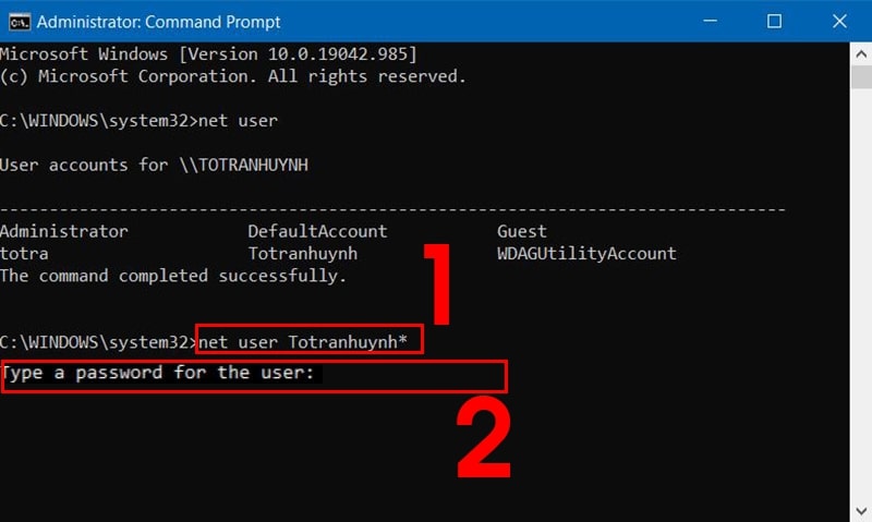 Thay đổi mật khẩu bằng Command Prompt