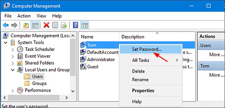 Thay đổi mật khẩu bằng Computer Management