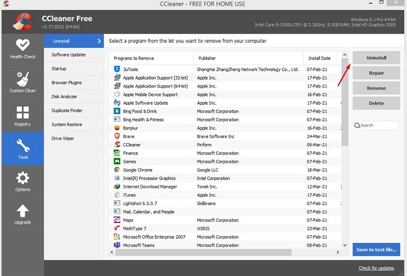 Cách gỡ ứng dụng bằng phần mềm CCleaner