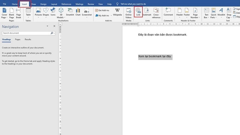Hướng dẫn sử dụng Bookmark để tạo liên kết nội bộ