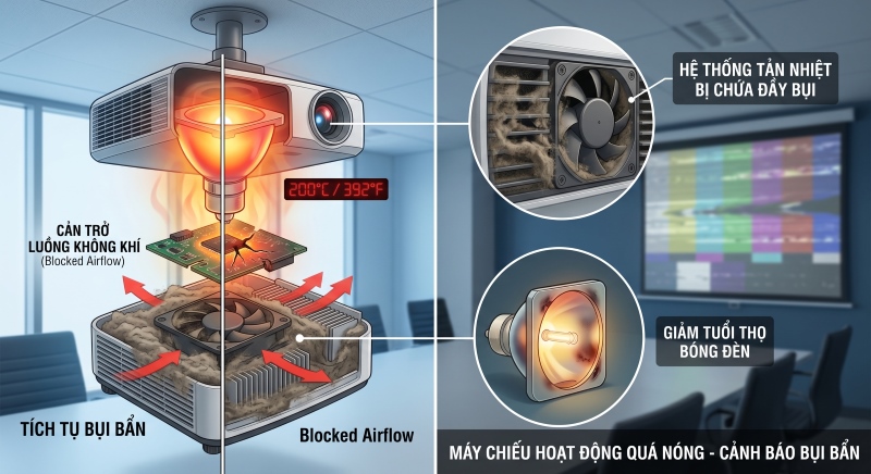 Máy chiếu bị nóng lên do hệ thống tản nhiệt bám bụi