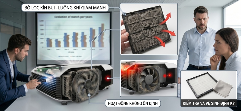Bộ lọc không khí máy chiếu bị kín bụi