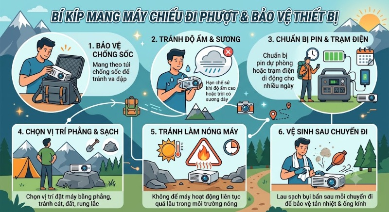Xu Hướng Du Lịch Mới Hiện Nay: Mang Máy Chiếu Đi Phượt Lưu ý để bảo vệ thiết bị và đảm bảo trải nghiệm khi mang máy chiếu đi phượt